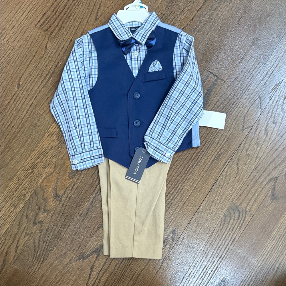 Nautica Blue Plaid Vest Set with Tan Pants